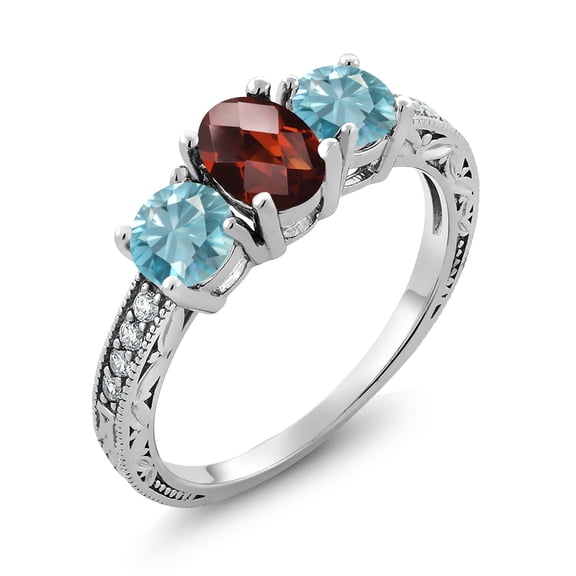 Gem Stone King 2.82 Ct Oval Checkerboard Red Garnet Blue Zircon 925 Sterling Silver Moissanite Ring (Size 7)