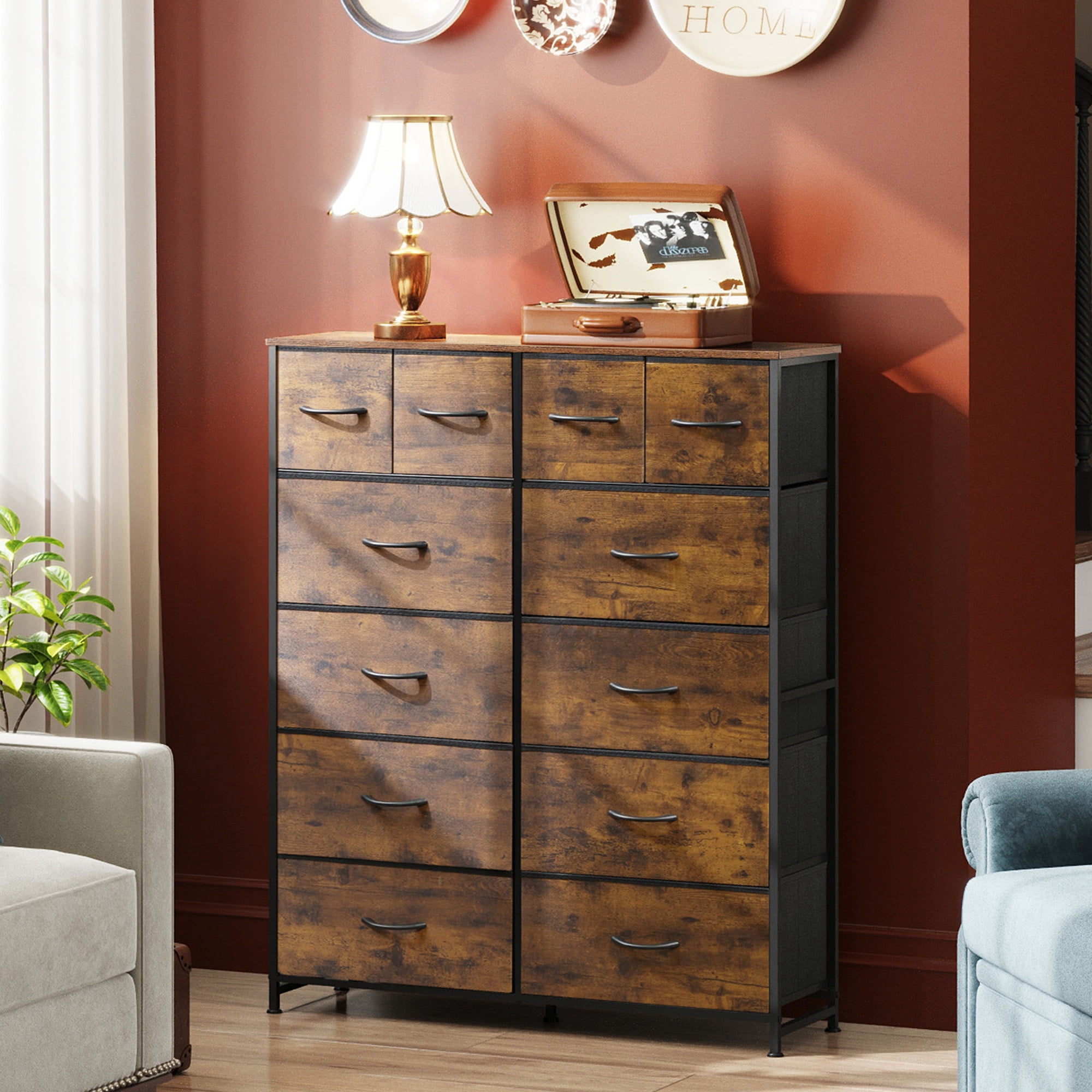 GALAXHERO 12-Drawer Tall Fabric Dresser with Steel Frame, Large Storage Chest of Drawers for Bedroom, Closet, Rustic Brown Wood Grain Print
