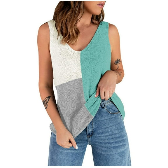 USSUMA Womens Summer Tops Trendy V Neck Yoga Vest Tank T Shirts for Women Sleeveless Blouses Tops Dressy Color Block Tunic Plus Size Shirts for Women