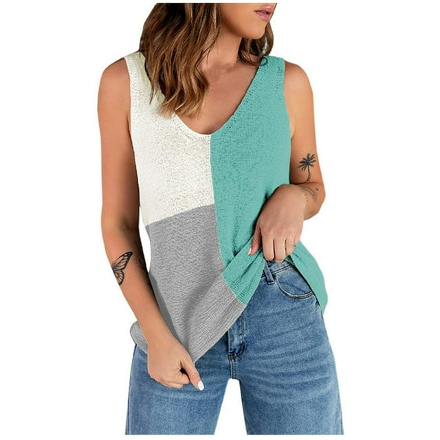 Pompotops Mode Femme Décontracté Col en V Patchwork Blouse Sans Manches T-Shirt Hauts d'Été