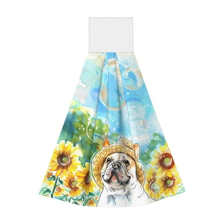 

Easygdp French Bulldog Sunflowers Bubbles Kitchen Hand Towels Hanging Tie Towels Fast Drying Dish Cloth with Loop for Bathroom Restroom Home Decor