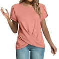 thumbnail image 3 of Fanxing Women's Front Twist Tunic Tops Petal Short Sleeve Round Neck T Shirt Casual Loose Fitted Summer Top Pink,XXL, 3 of 8