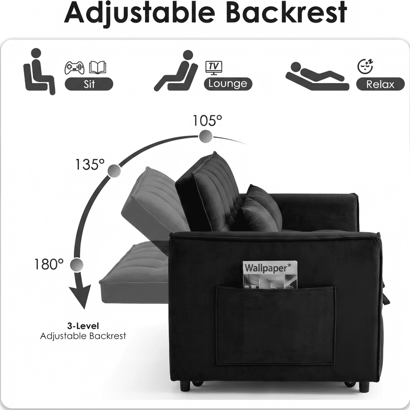 Gewnee 55" Sofa Bed, Convertible Sleeper Sofa & Pull Out Couch, 3-in-1 Velvet Loveseat with Adjustable Backrest and Storage Pocket, Black