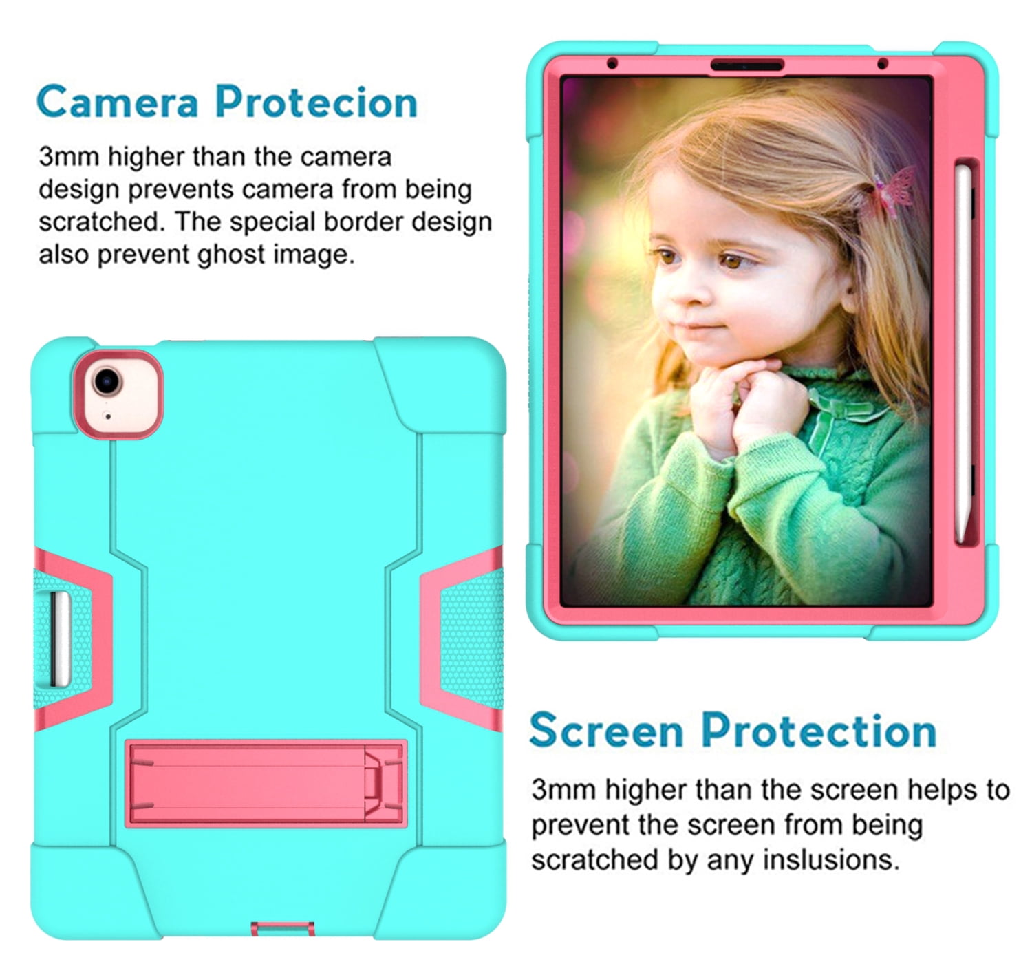 Allytech iPad Air 5 Case 2022, iPad Air 4 Case 2020, Heavy Duty Protection Shockproof Build In Kickstand Pencil Holder Kids Friendly Case for Apple iPad Air 5th 4th Generation, BlackAqua/Rose