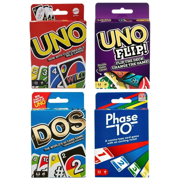 Paquete variado de juegos de cartas Mattel: Uno, Dos, Uno Flip, Phase 10