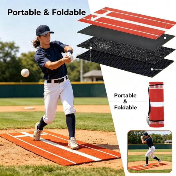 Tanfengu 3ft9.94ft Softball Pitching Mat, Standard Size Baseball Pitching Mat, Foldable Practice Pitching Mat for Indoor Outdoor Field Training, Red