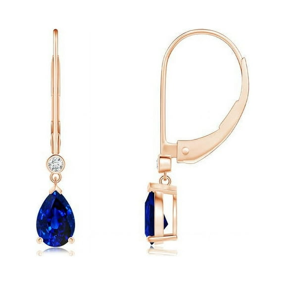 ANGARA Natural Sapphire Leverback Drop Earrings with Diamond in 14K Rose Gold for Women (Size-6x4mm) | September Birthstone, Anniversary, Jewelry Gift for Women | Natural Blue Sapphire Earrings