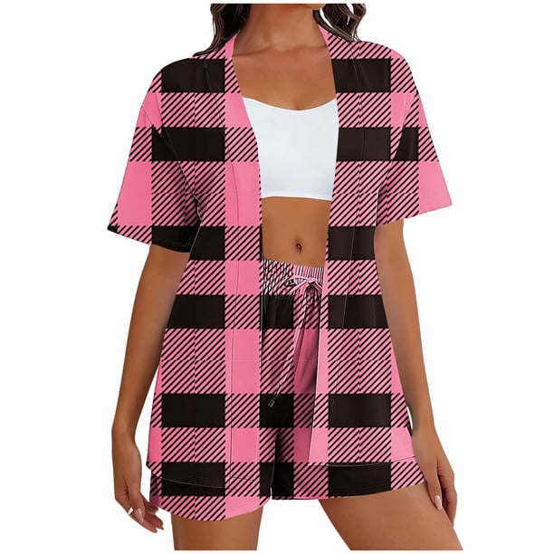 Cardigan largo para mujer con bolsillos no posicionado impreso manga corta y pantalones cortos Set Casual, sudadera y pantalones para mujeres