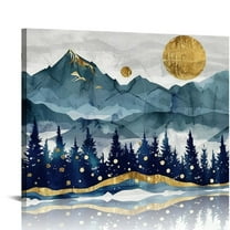 JRXY Abstract Nordic Canvas Wall Art - Indigo Blue and Brown Mountain Forest Picture Wall Decor Sun Birds Canvas Painting Nature Landscape Prints Artwork for Living Room Bedroom Decoration picture 1