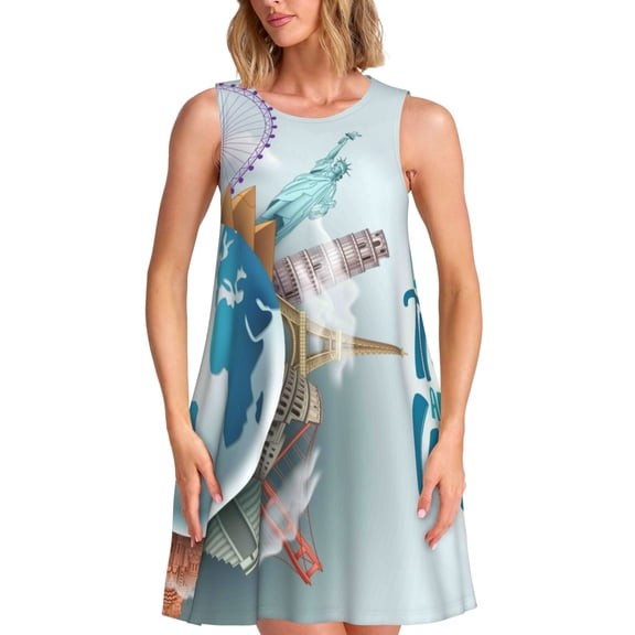 Kuqiui Let's go Travel Around the World for Women's Sleeveless A-Line Dress with Pockets, Casual Knee Length Loose Tank Dress for Summer