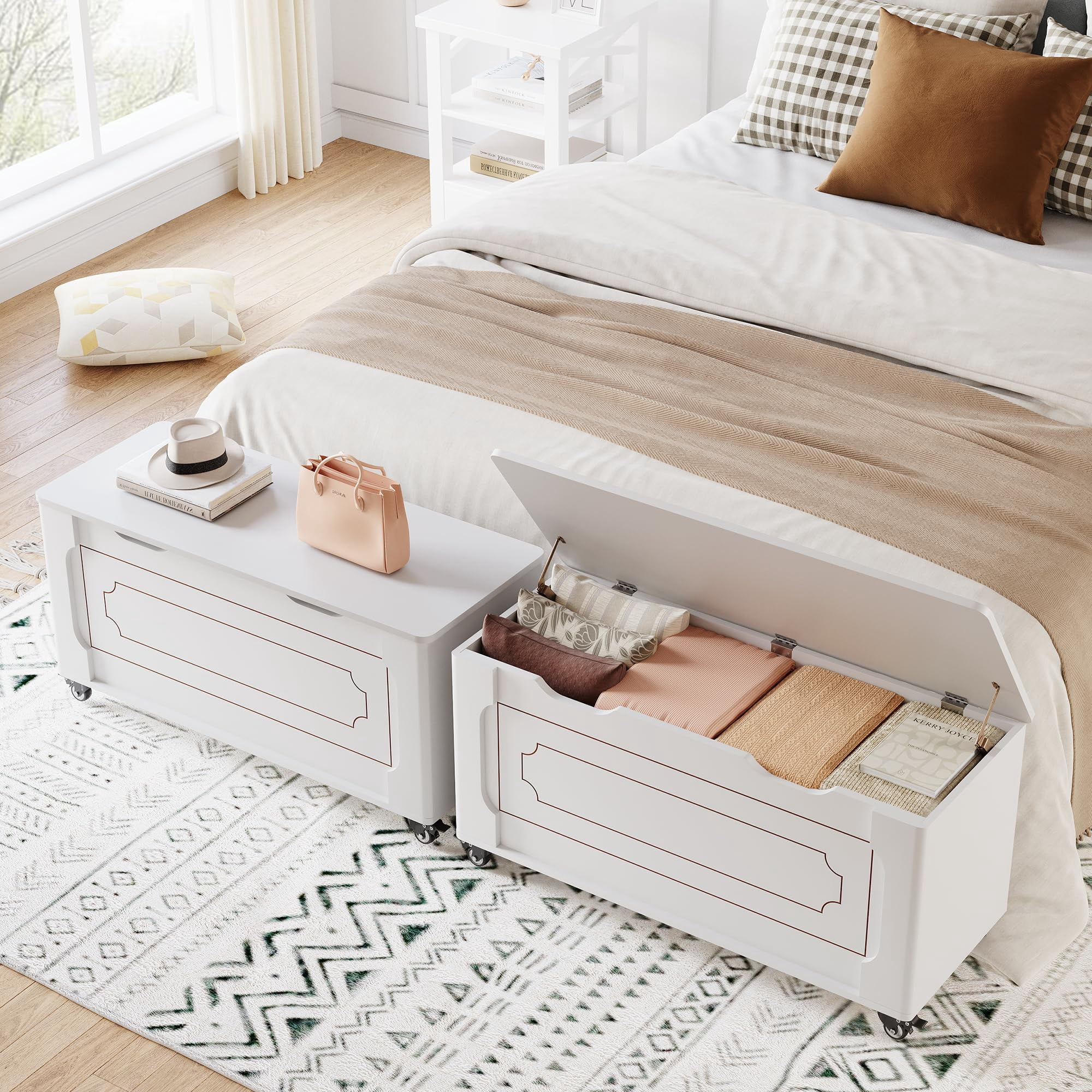 Garderth Storage Chest,Wooden Storage Bench,Storage Trunk With Wheel,End Of Bed Bench,Toy Chest With 2 Safety Hinges,U-Shape Cutout,Supports 350 Lbs For Entryway Living Bedroom
