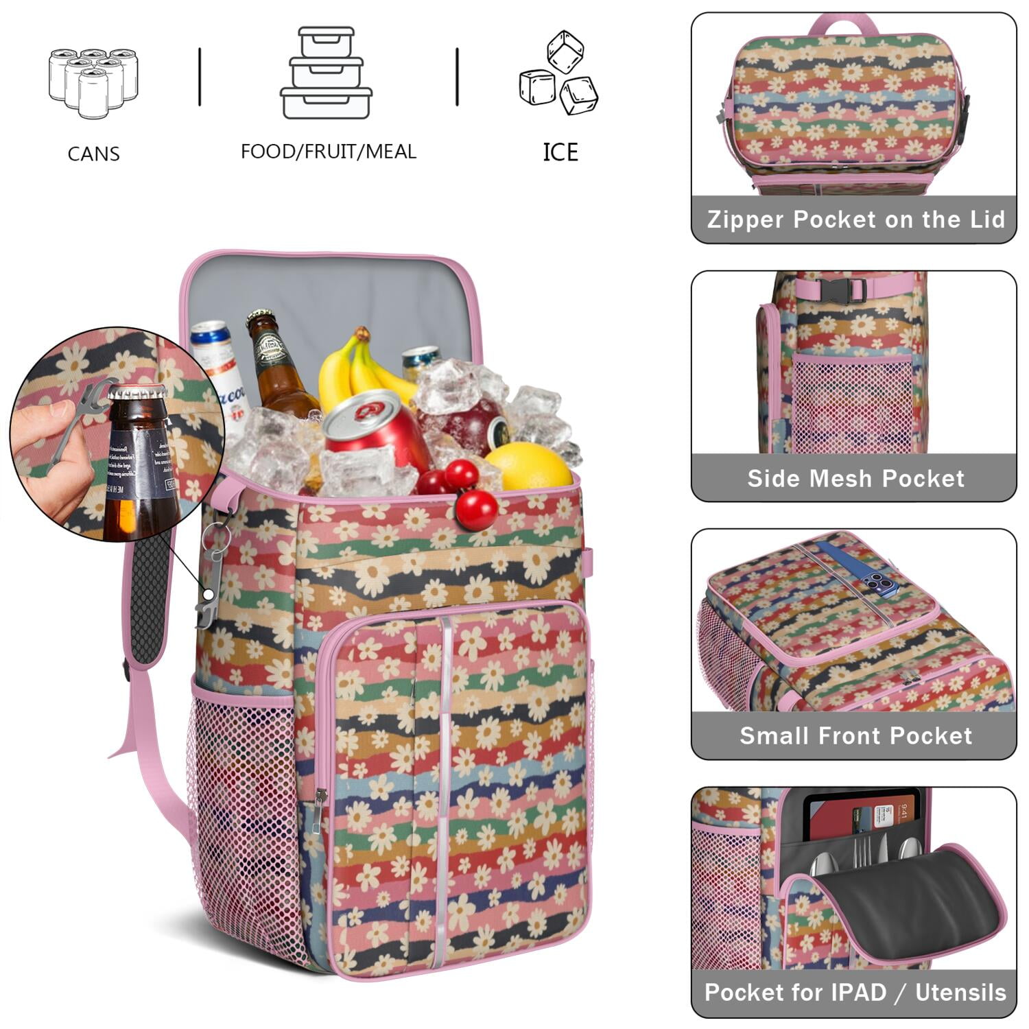Travel Cooler Bag - Pioneer Flower Camping Beer Cooler Backpack with Bottle Opener- Waterproof Insulated Picnic Backpacks - Cooler Bag for Beach