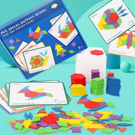 Tusihei 155 Pcs Wooden Pattern Blocks Set, Geometric Shape Puzzle, Classic Educational Montessori Tangram Toys for Early Home Learning
