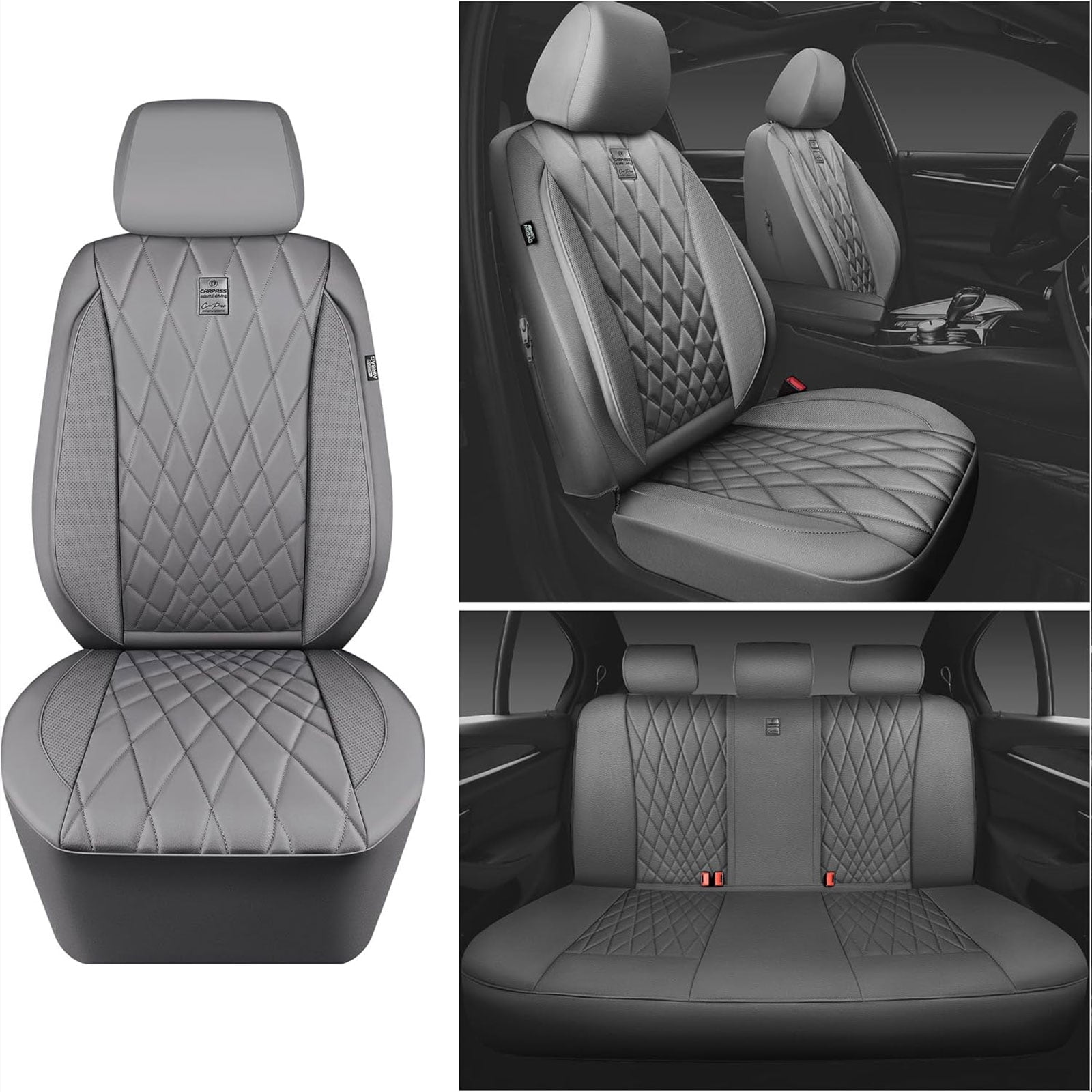 CAR GRAND Piping Luxury Faux PU leather Full Set Car Seat Covers Water Proof Armrest Airbag Compatible Universal Fit SUV VAN Truck All gray