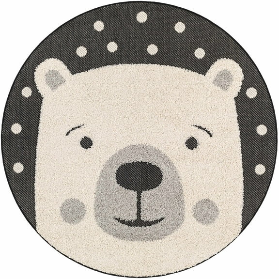 BoutiqueRugs Kids Collection Aleda Bear Animal Design Area Rug for Nursery, Playroom, Toddler Room - Outdoor Safe Kids Round Rug - Nursery Rug - Black, Charcoal, Ivory - 3'11" Round