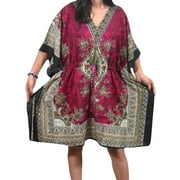 Mogul Women's Short Caftan Pink Cover Up Dashiki Print Beach Dress Nightwear