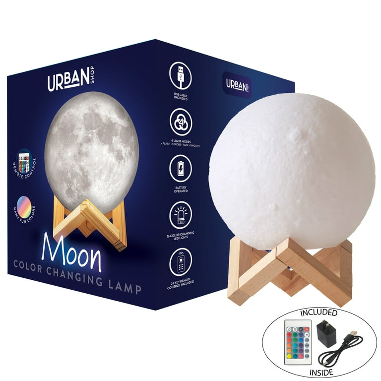 Urban Shop 3D Print Color Changing Moon Lamp with Wood Stand, remote  control and USB Adaptor, 7.5'' x 5.5'', White 