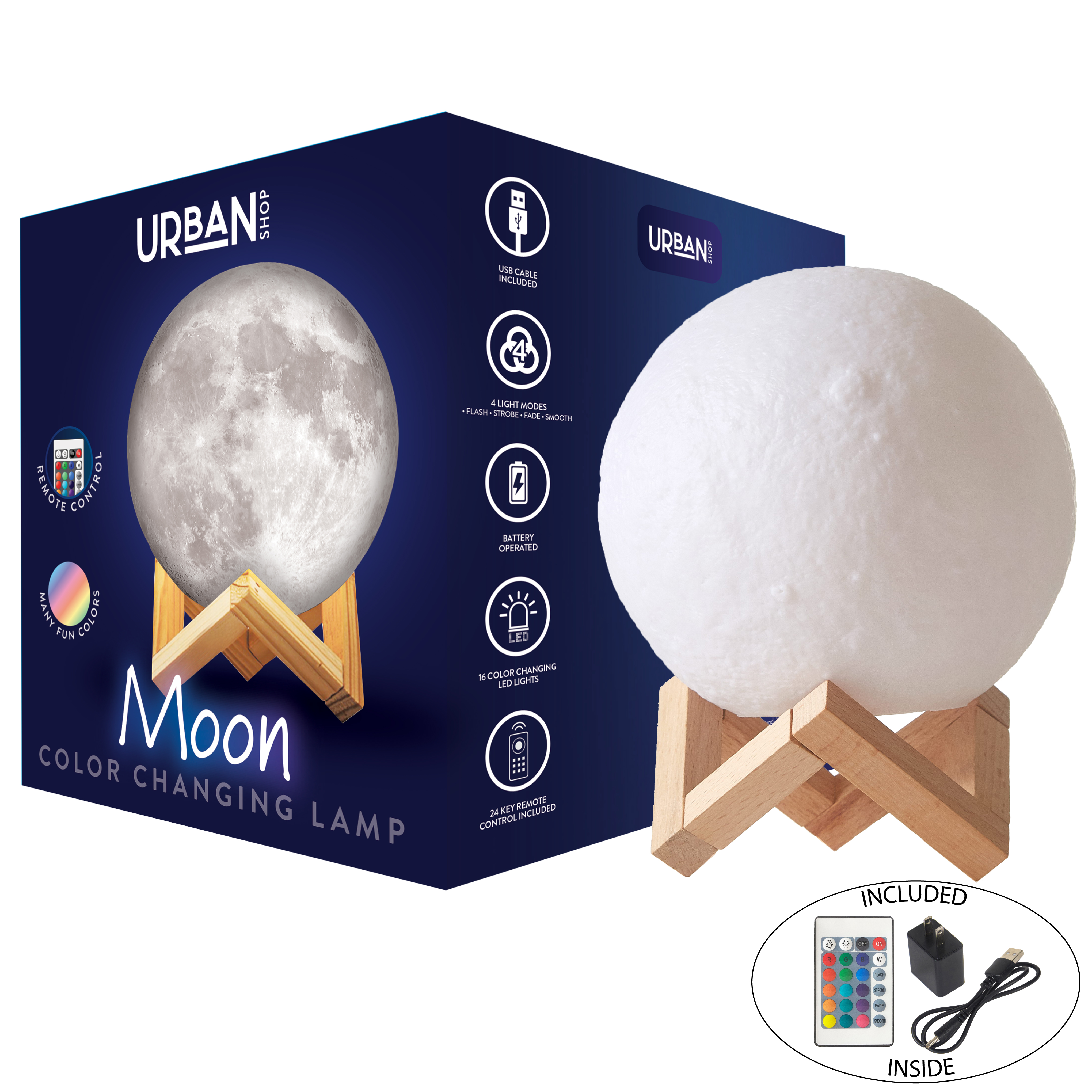 Urban Shop 3D Print Color Changing Moon Lamp with Wood Stand, remote control and USB Adaptor, 7.5'' x 5.5'', White - image 3 of 8