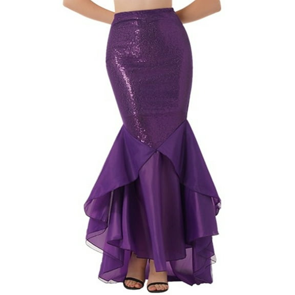 YEAHDOR Womens Fish Tail Skirt Ladies Halloween Carnival Long Mermaid Skirt Costume Sequins Glitter Party Evening Maxi Skirt Purple XL