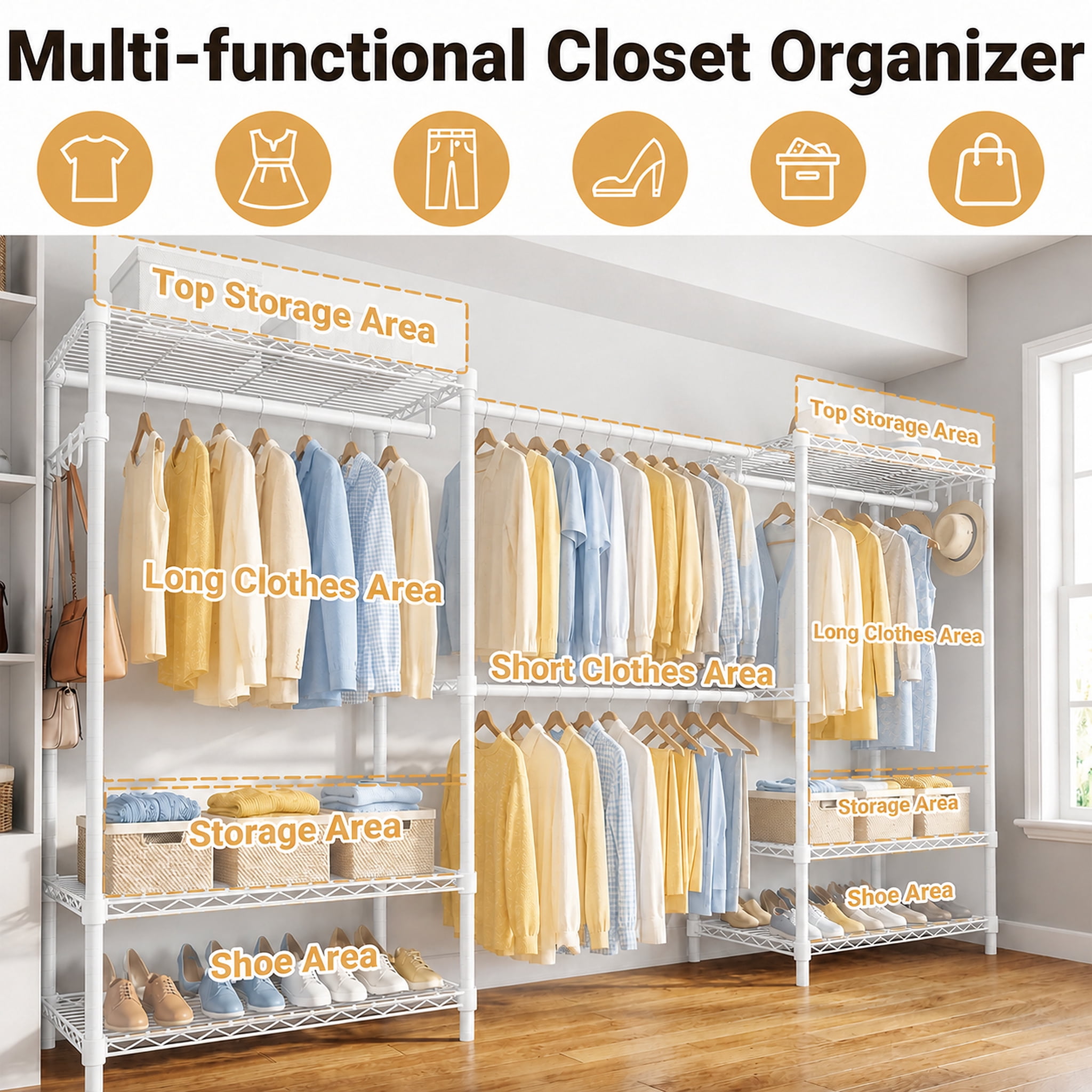 TrumanPick 71.5"-91.3" W Extendable Clothes Rack with Wire Shelves, Heavy Duty Clothes Storage System, Freestanding Clothing Rack for Hanging Clothes Load 1280lbs, White