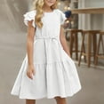 thumbnail image 5 of Loopsun Girls Summer Dresses, Children's and Girls' Solid Cotton and Round Neck Short Sleeve Dress with Drawstring White 11-12 Years, 5 of 5