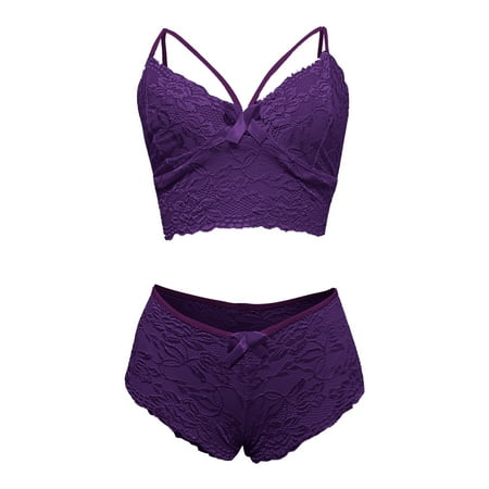 Puawkoer Women Plus Size Lingerie Lace Pajama Set Corset Lace Floral Bralette Womens Lace Thong Set Bra Two Piece Underwear