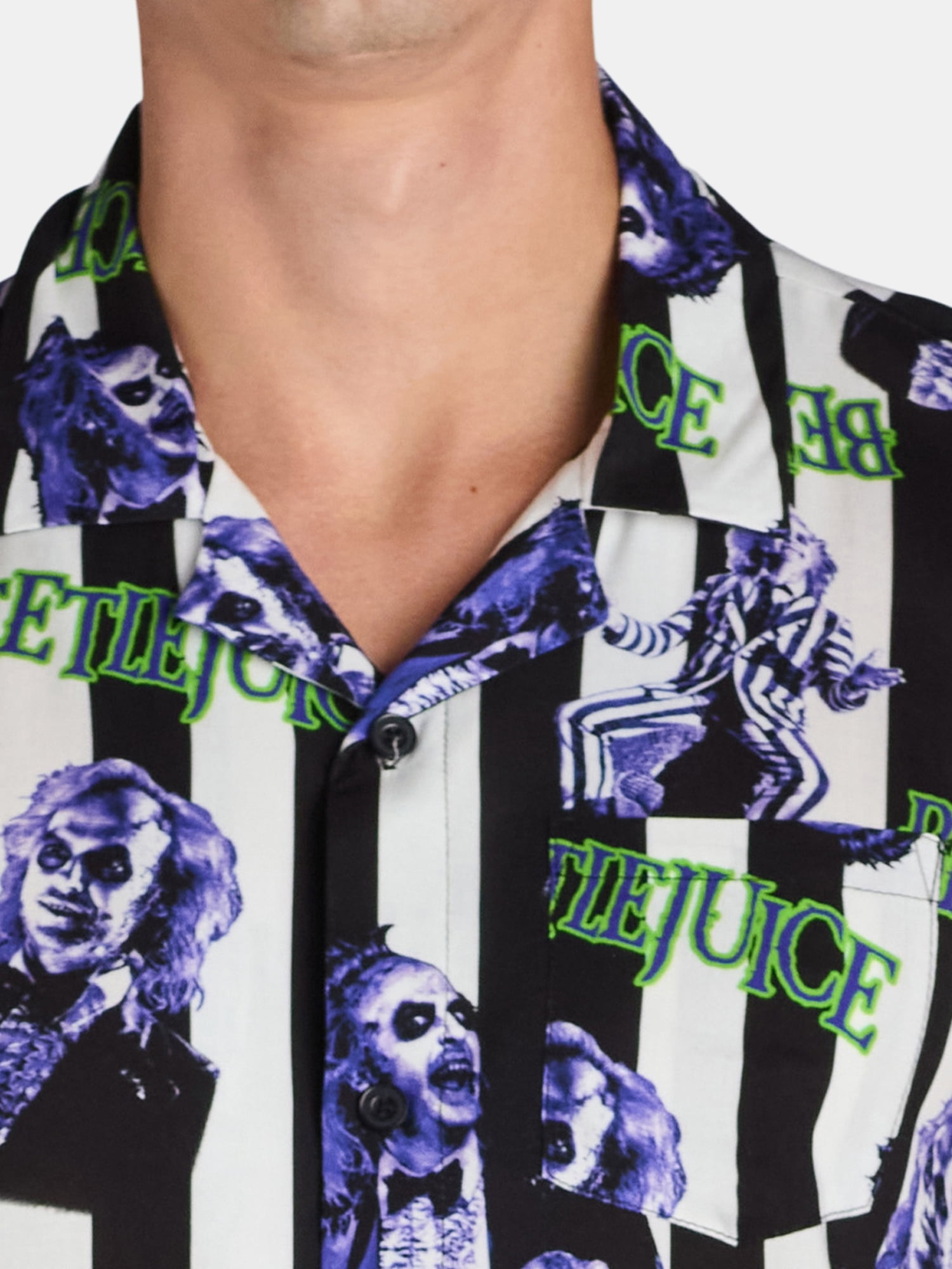 Beetlejuice, Mens Graphic Print Rayon Shirt, Stripe Pattern, Sizes XS-3XL