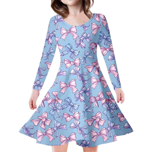 LUOGENLI Robe Cubaine Fille/enfant Imprimé Nœud Robe de Princesse Robe Midi Crayon Bleu Clair 8-9 Ans