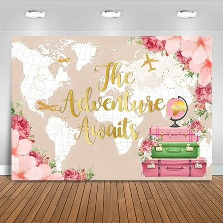 Image of The Adventure Awaits Backdrop World Map Baby Shower Background Suitcase Travel Girl Baby Shower Party Cake Table Decoration Photo Booth Props (7x5ft)