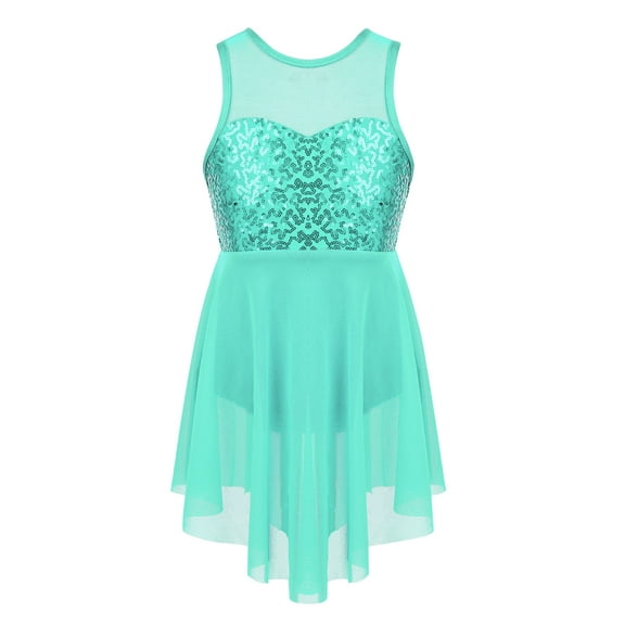TiaoBug Kids Girls Sequins Sleeveless Mesh Ballet Leotard Modern Lyrical Dance Dress Criss-Cross Back Skating Dress Mint Green 12