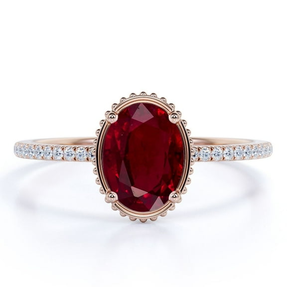 JeenMata 1.75 Carat Oval Pigeon Blood Lab Created Ruby Wedding Ring - Birthstone Ring - 18k Rose Gold over Silver