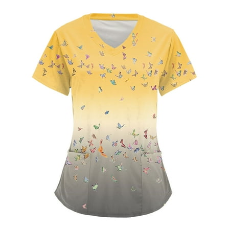 

Women Scrubs Top Nurses Clothing Workwear Uniforms Leopard Santa Snowman Short Sleeve V-Neck Workwear TShirt Top Blouse With Pockets