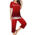 thumbnail image 5 of Feancey Cute Christmas Pj Set Women Short Sleeve Pleated Top and Capris Matching Pajama Sets Holiday Novelty Print Sleepwear 2 Piece with Pockets Red S, 5 of 7