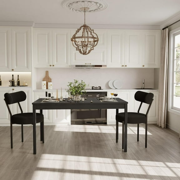 3-Piece Indoor Modern Rectangular Dining Table Set for 2, Solid Wood Table and 2 Boucle Chairs Set for Kitchen,Bar,Living Room,Breakfast Nook, Black