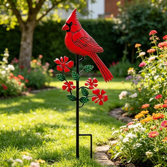 Metal Cardinal Bird Garden Stake, Red Cardinal Yard Art Decor with Flowers, Outdoor Weatherproof Metal Bird Ornament for Patio, Lawn & Garden