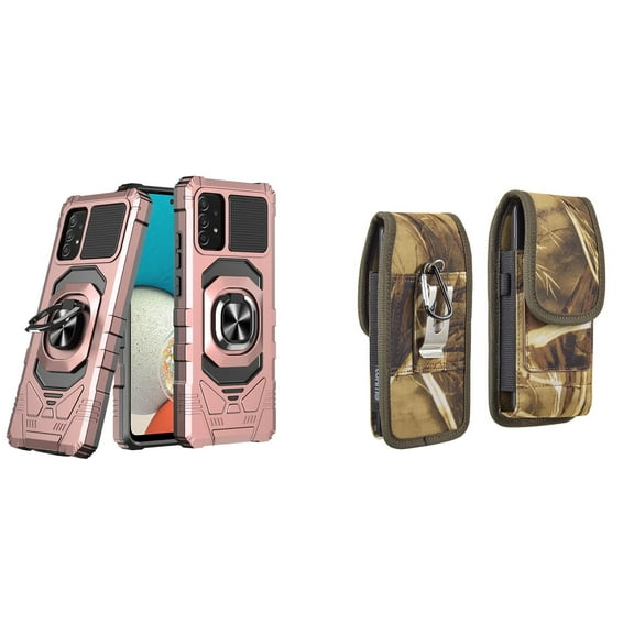 Case with Belt Holster Bundle for Samsung Galaxy A53 5G: Heavy Duty Shield Cover (Rose Gold) and Vertical Rugged Nylon Phone Pouch (Camo)