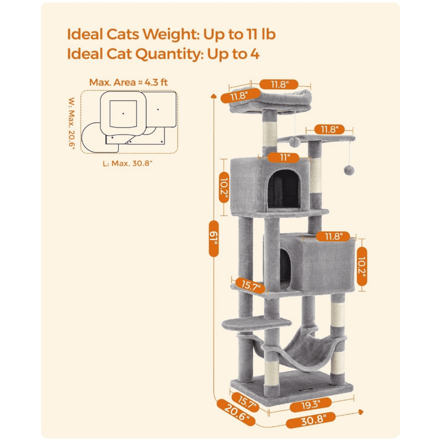 Cat Tree, 59.5-Inch Tall Cat Tower, Plush Multi-Level Condo with 5 Scratching Posts, 2 Perches, 2 Caves, Hammock, 2 Pompoms, Light Gray