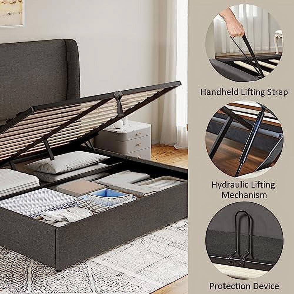 Merluxy Queen Bed Frame with Lift Up Storage,Linen Upholstered Platform Bed/ Wingback Headboard/No Box Spring Needed/Dark gray