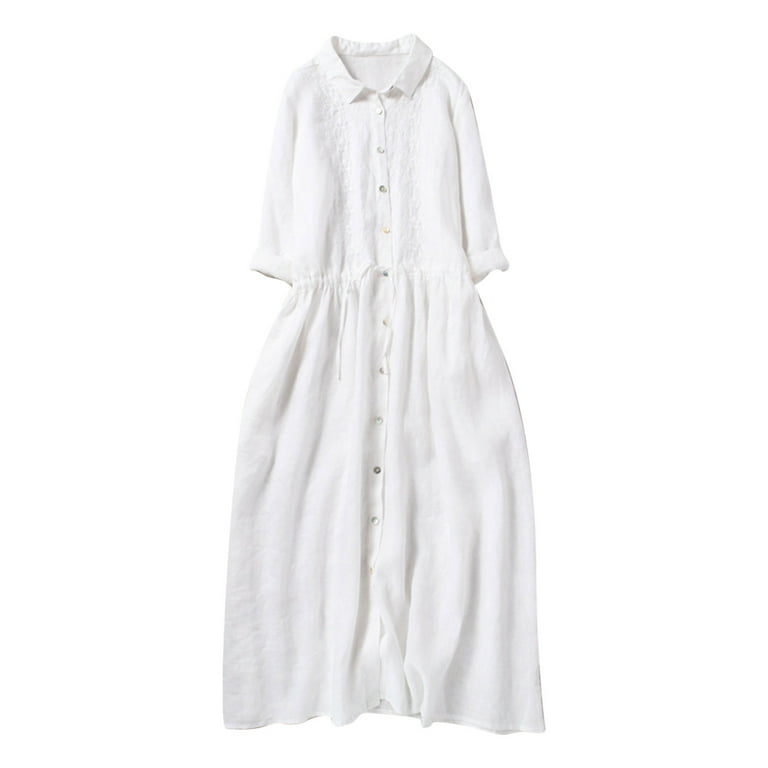 Meichang Cotton Linen Shirt Dresses Women Solid Loose Fit Half Sleeve Lapel  Button Down Midi Dresses Flowy Casual Long Tunic Dresses White L -  Walmart.com