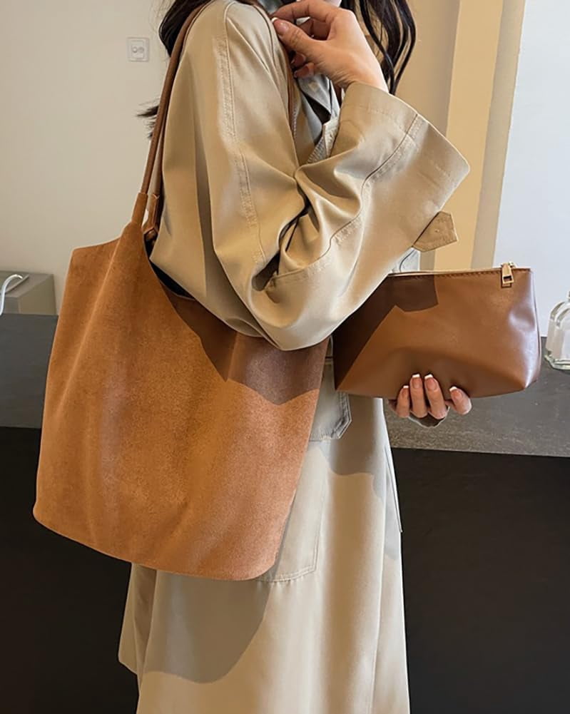 Zhengup Womens Soft Suede Tote Bag Faux Leather Handbag Large Vintage Top Handle Bag Bucket Shoulder Satchel 2pcs Purse