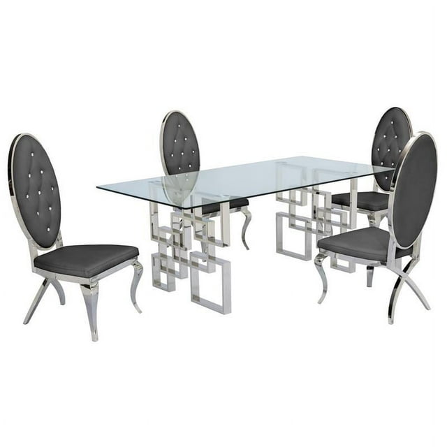 Ensemble de Salle à Manger Rectangulaire en Verre Transparent 5pc avec Base en Acier Inoxydable Argenté