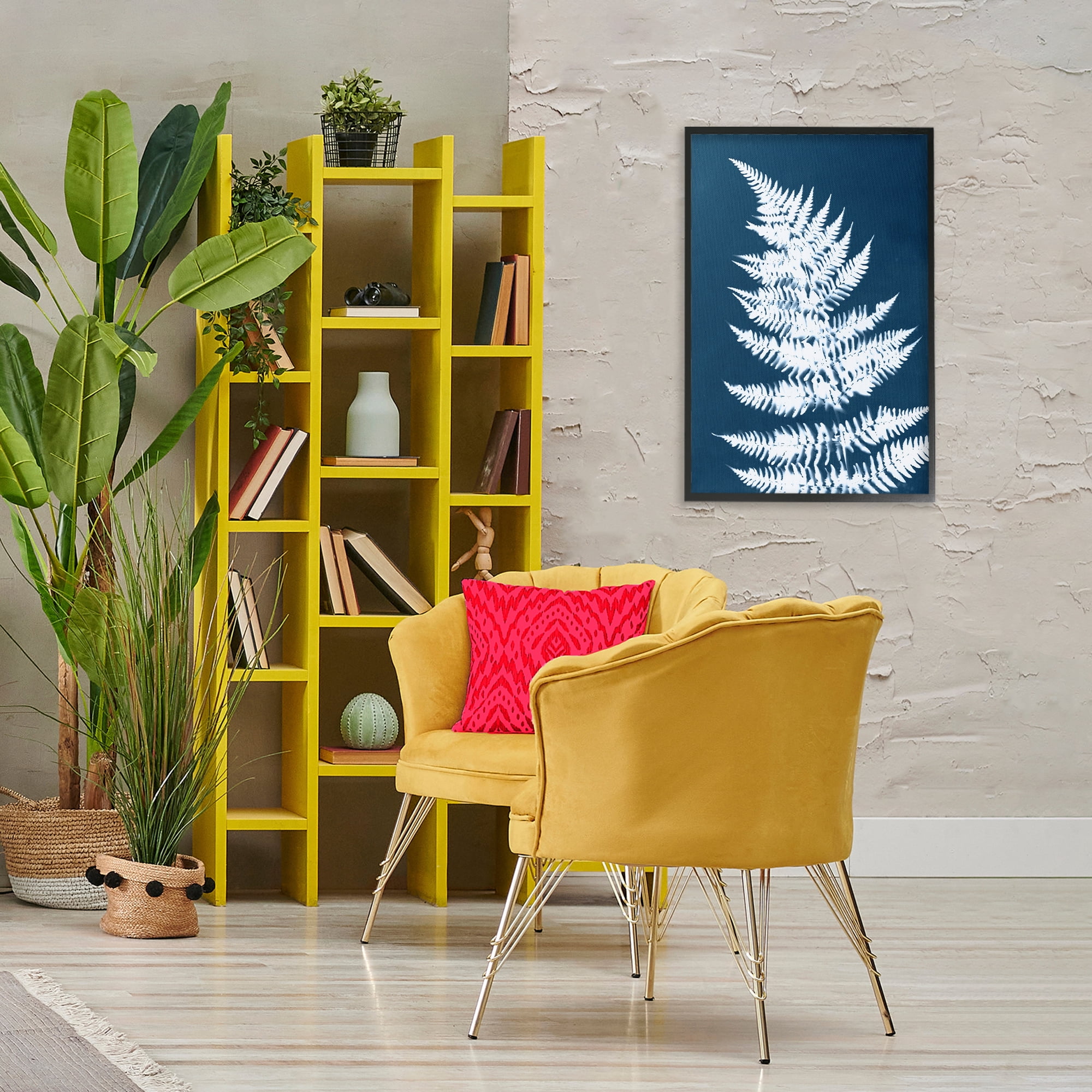 Stupell Industries Blue & White Fern Botanical & Floral Painting Black Framed Art Print Wall Art, 20 x 30
