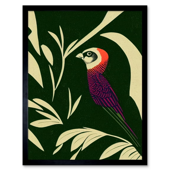 Colourful Parakeet and Tropical Plant Leaves Vintage Linocut Pattern Detail Art Print Framed Poster Wall Decor 12x16 inch