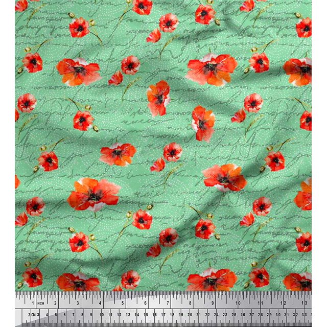 Soimoi Green Cotton Poplin Fabric Text & Poppy Floral Print Sewing Fabric Yard 56 Inch Wide