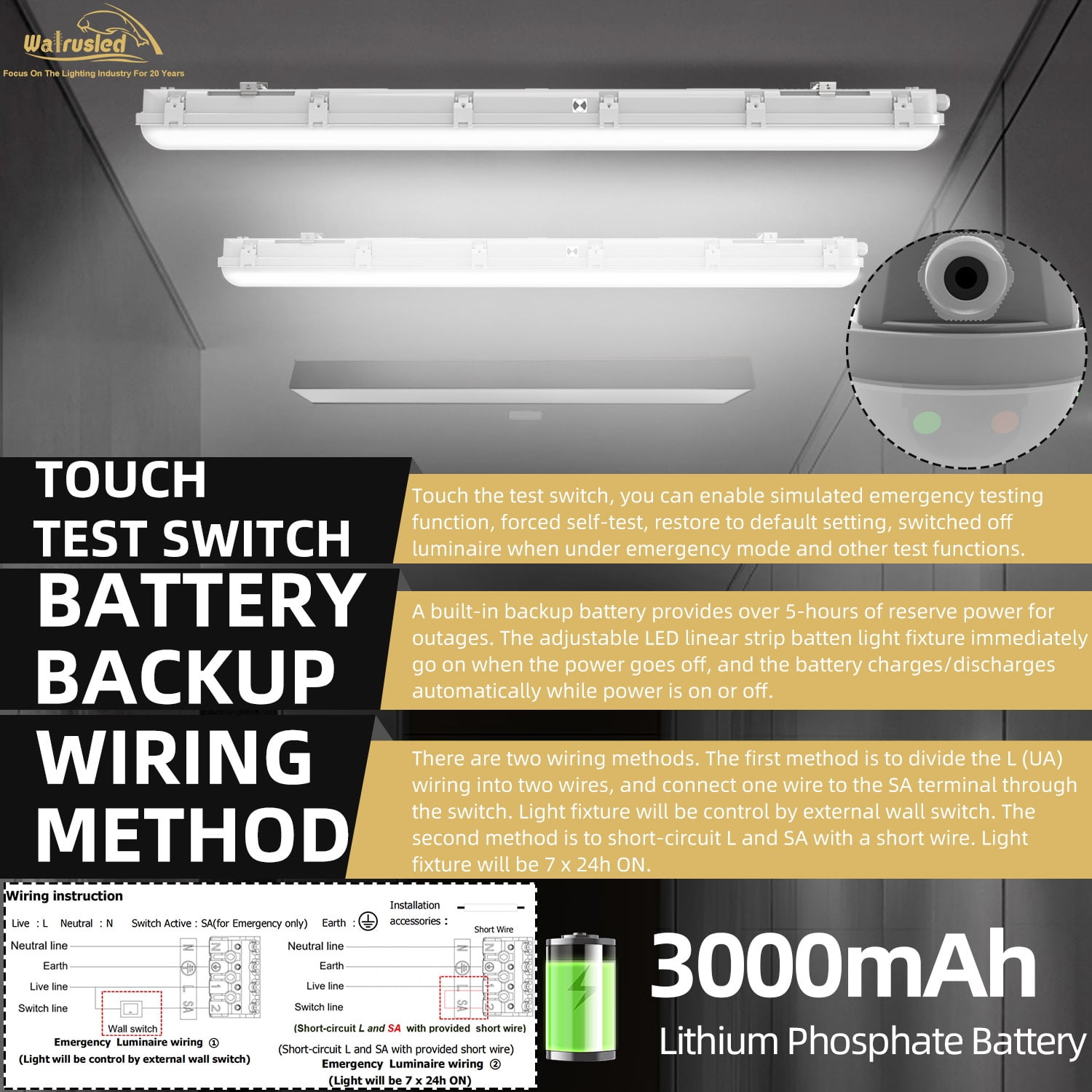 4FT LED Vapor Tight Emergency Light, Battery Backup IP65 IK08 20W/40W 125LM/W LED Vapor Proof Fixture, 5000K, 100-277V, 0-10V Dimmable 4 Foot Waterproof LED Outdoor Shop Light Fixture for Carport,FCC
