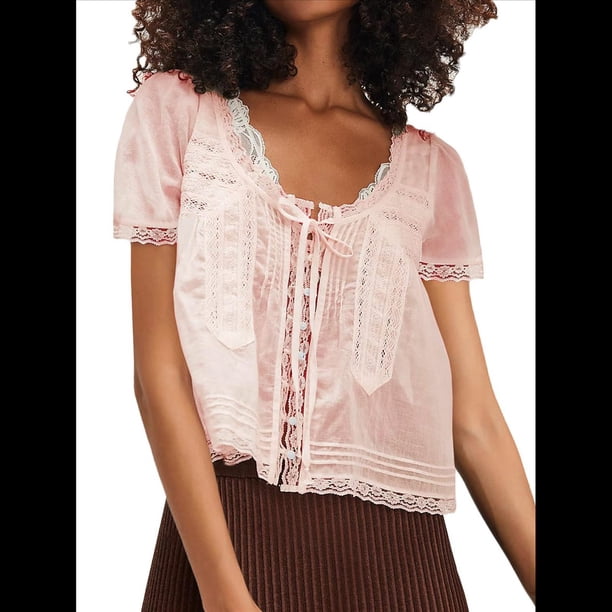 Blusa de Encaje con Lazo Frontal para Mujer, Transparente, de Corta, Cuello Redondo, Botones, Estilo Bohemio, con Volantes, Estilo Y2K Rosa M