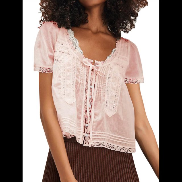 Blusa de Encaje con Lazo Frontal para Mujer, Transparente, de Corta, Cuello Redondo, Botones, Estilo Bohemio, con Volantes, Estilo Y2K Rosa S