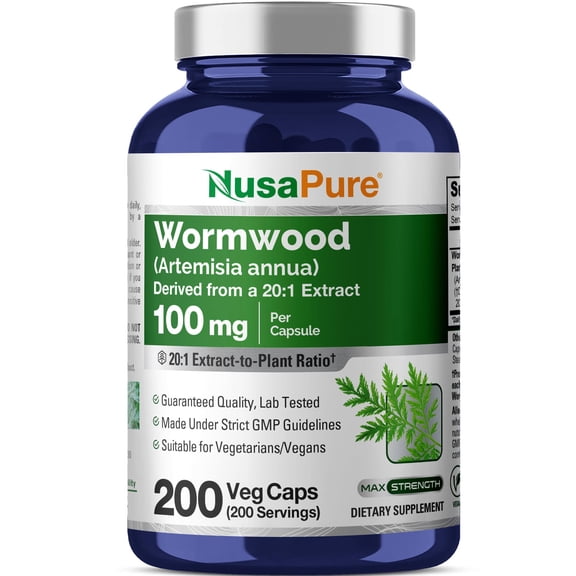 NusaPure Wormwood Capsules, 100 mg, 200 Veg Capsules (Non-GMO, Vegan)
