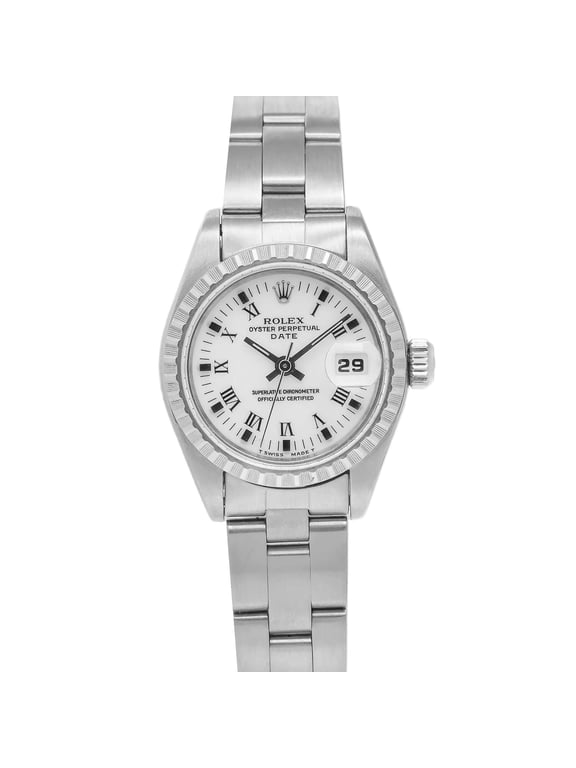 Pre-Owned Rolex Date 26MM 69240 White Roman Dial Engine Turned Bezel Stainless Steel Oyster Bracelet