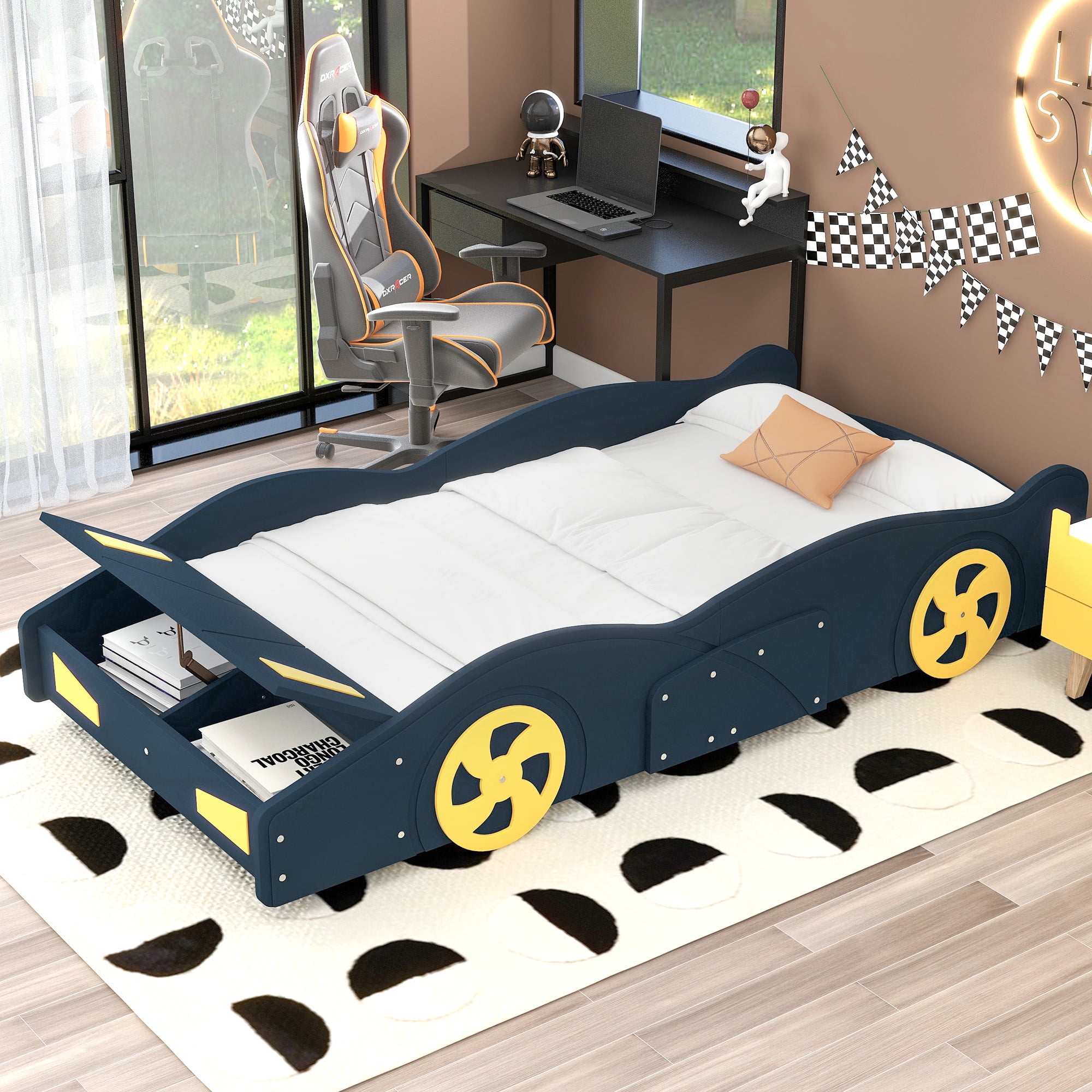 Euroco Wood Full Size Car-Shaped Platform Bed with Tires, Lower Profile Bed with Storage for Bedroom, Blue